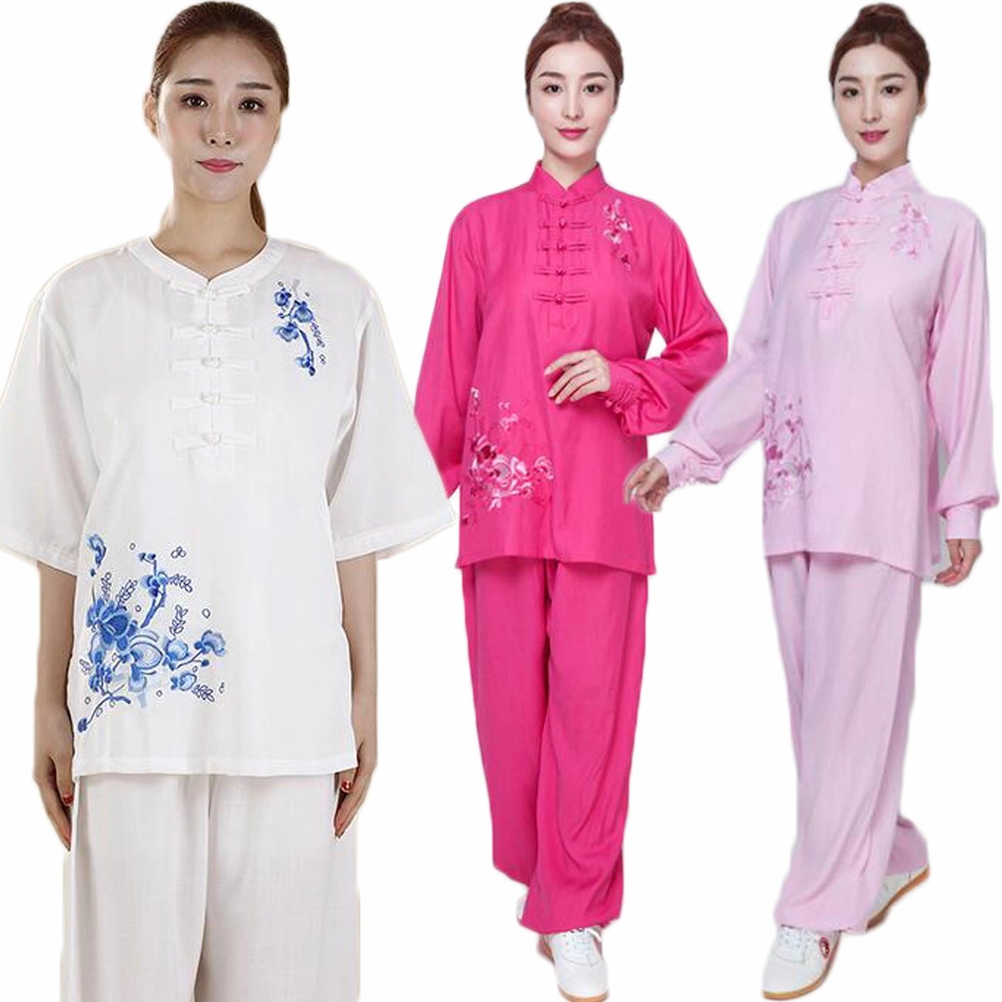 長袖/半袖 通気性 綿麻太極拳服 セットアップ 春夏 チャイナボタン 中華服 SS-3L カンフー服 トレーニング 花柄刺繍 レディース太極拳ウェア 上下セット 6色 リネン ランニング 練習着 スポ