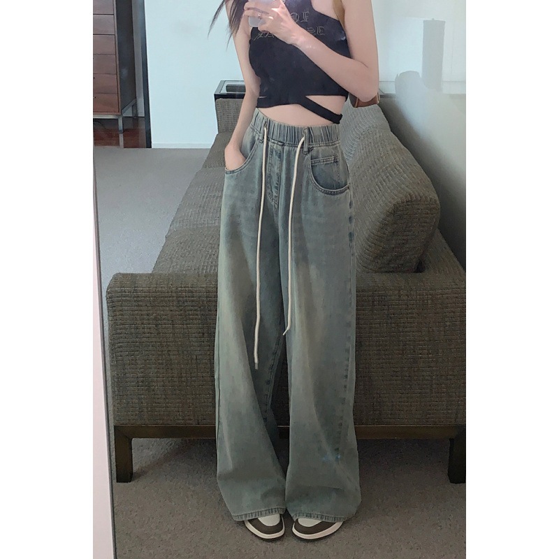 女性用レトロデニムパンツルーズタイトハイウエストストレートワイドレッグスリム学生プラスサイズ女性用 200 キャティー太さ mm