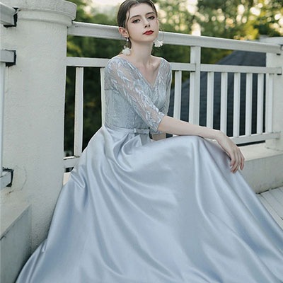 サイズ有XS/M/L/XL/2XLロングドレス パーティー 他と被らない グレー 演奏会用ドレス 袖付き 大きいサイズ ワンピース 大人 上品 フォーマルドレス 結婚式 ミセス dc018l6