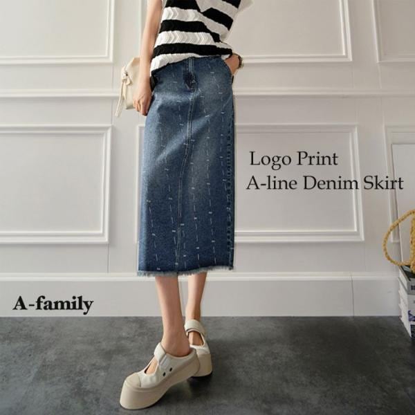 ロゴプリントAラインデニムスカート スリットフレア レディース ロングスカート無地 Aライン 裏地付き ポケット付き ボトムス カジュアル ハ