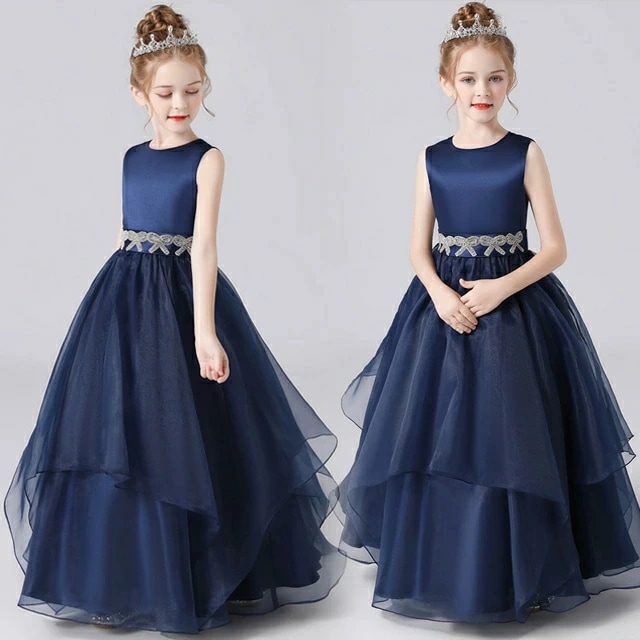 ロングドレス 紺色 女児ドレス ピアノ発表会ドレス ネイビー 子供ドレス サテンロング丈 ノースリーブ フォーマル キッズドレス 演奏会ドレス 高級感 子供服 ステージ衣装 リボン 子どもドレス 11