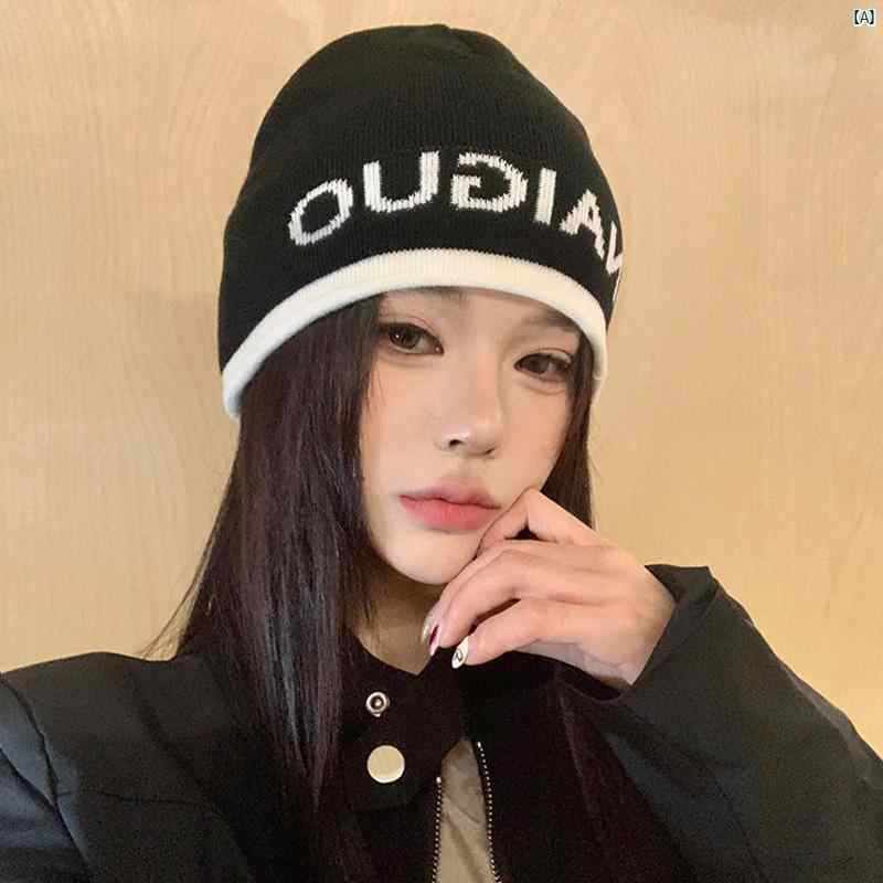レディースファッション　ファッション小物　オシャレ 秋冬 文字 ブラック ニット 帽 大きい頭囲 防寒 帽子 韓国 顔 小柄 ウール す