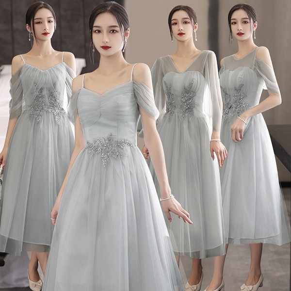 ブライズメイド ドレス ミモレ丈ドレス レディース グレー お呼ばれドレス ピアノ 発表会 結婚式 母親 ドレス 体型カバー イブニングドレス パーティードレス 結婚式 20代 30代 キャミソール