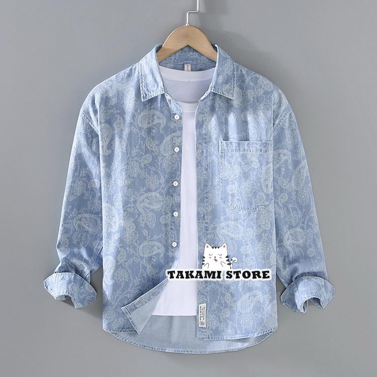 新入荷ダンガリーシャツ デニムシャツ カジュアルシャツ メンズ シャツ トップス ペイズリー柄 長袖 秋冬ダンガリーシャツ デニムシャツ