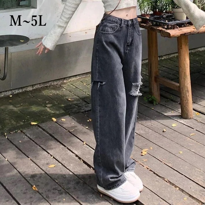 デニムパンツ レディース　ダメージ ワイドパンツ　ジーンズ ジーパン ゆるい クラッシュ　ヒゲ　ボトムス 大きいサイズ　 M L 2L　3L　4L　5L
