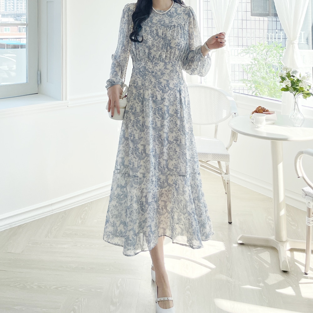 ダビンシフォンパターンフレアロングワンピース 3423