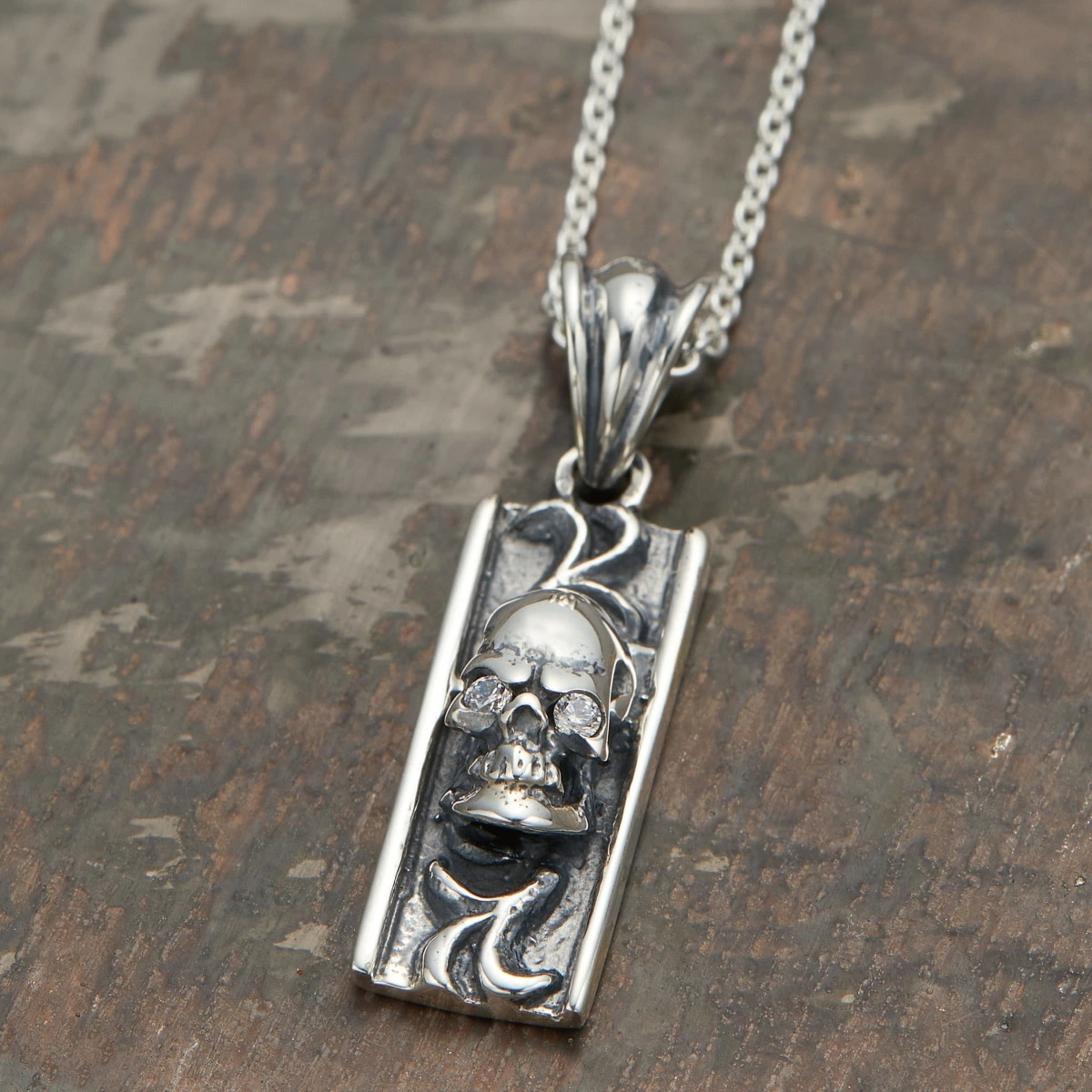 ネックレス メンズ シルバー925 キュービックジルコニア プレート スカル ドクロ アラベスク