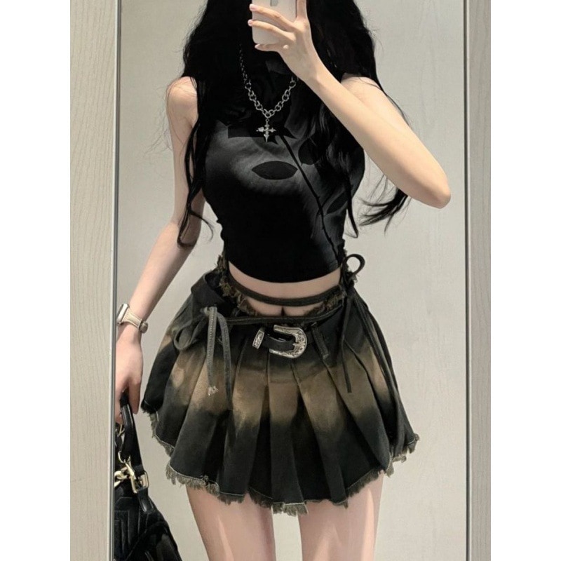 アメリカンレトロタイダイデニムスカート女性用夏新作ハイウエストスリムaラインプリーツショートスカートイン