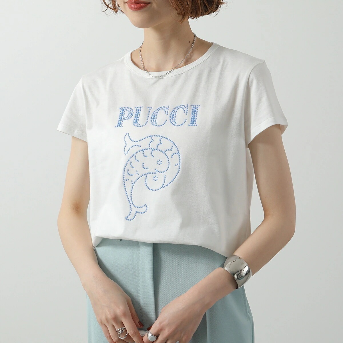 EMILIO PUCCI KIDS エミリオプッチ キッズ Tシャツ PW8B61 J0177 レディース ガールズ 半袖 カットソー コットン クルーネック ロゴ スタッズ カラー2色