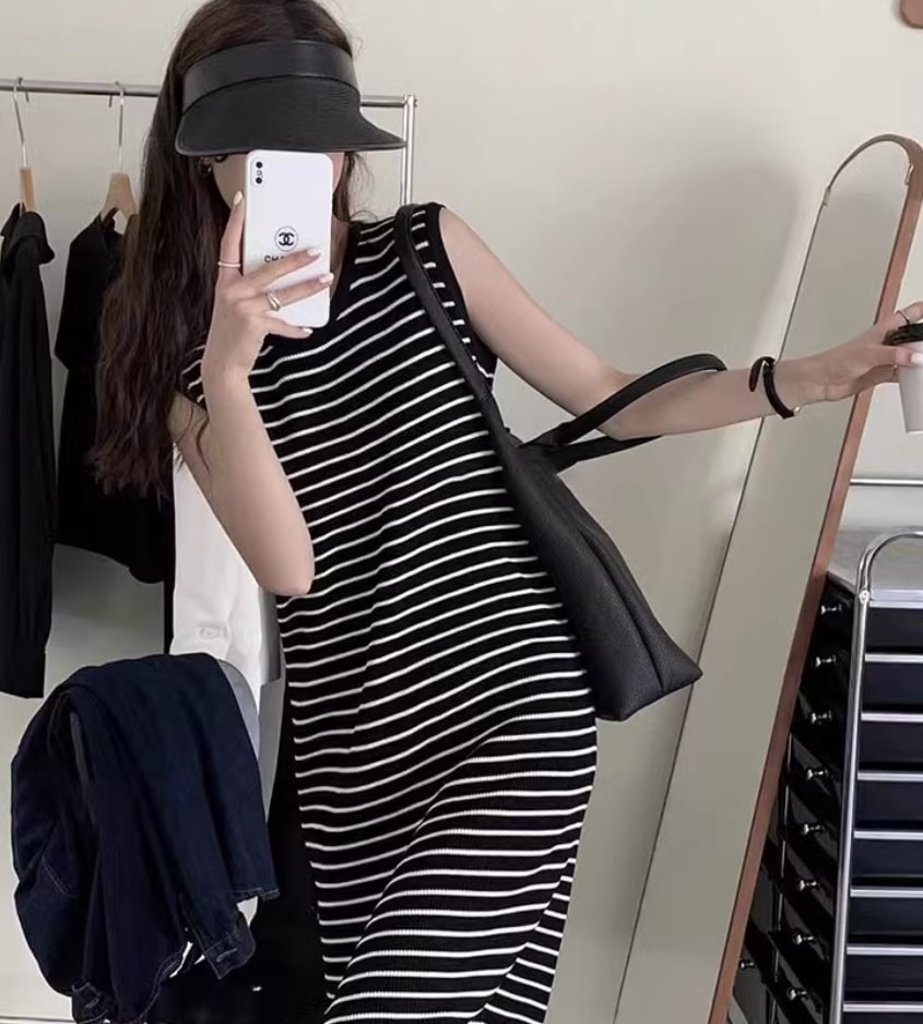 ワンピースドレス ドレス ニットワンピース ロング丈 ノースリーブ ボーダー柄 大人可愛い きれいめ シンプル 大人 上品 おしゃれ お洒落 かっこいい 大人女子 こなれ感 セクシー エレガント 無地
