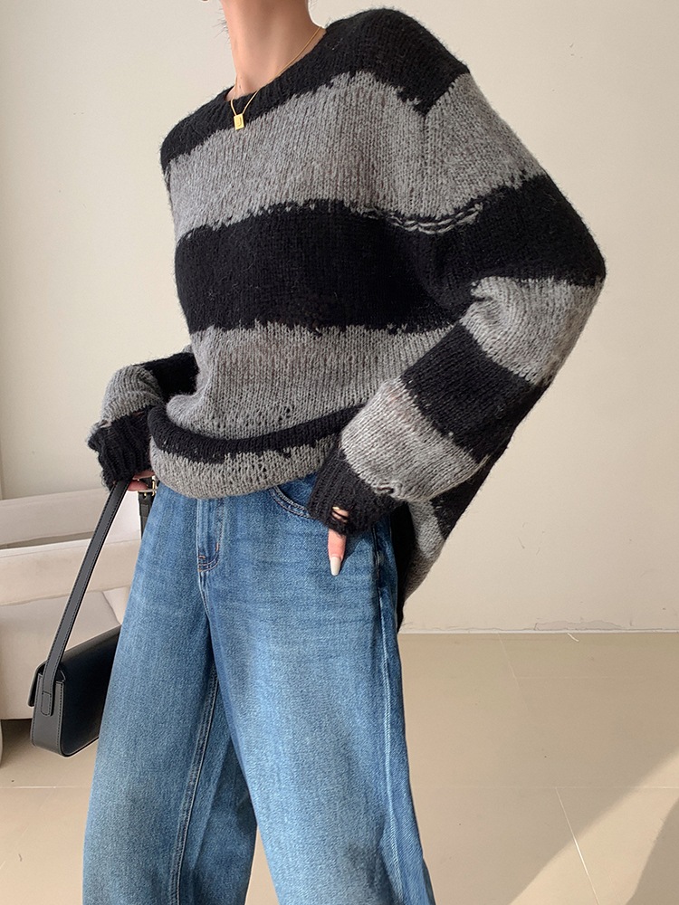 レディース ファッション ストライプ ホール セーター 女性 秋 冬 ラウンド ネック プルオーバー ボトムス トップ ＳＭＬXL トップス 袖あり かわいい 大人可愛い きれいめ シンプル