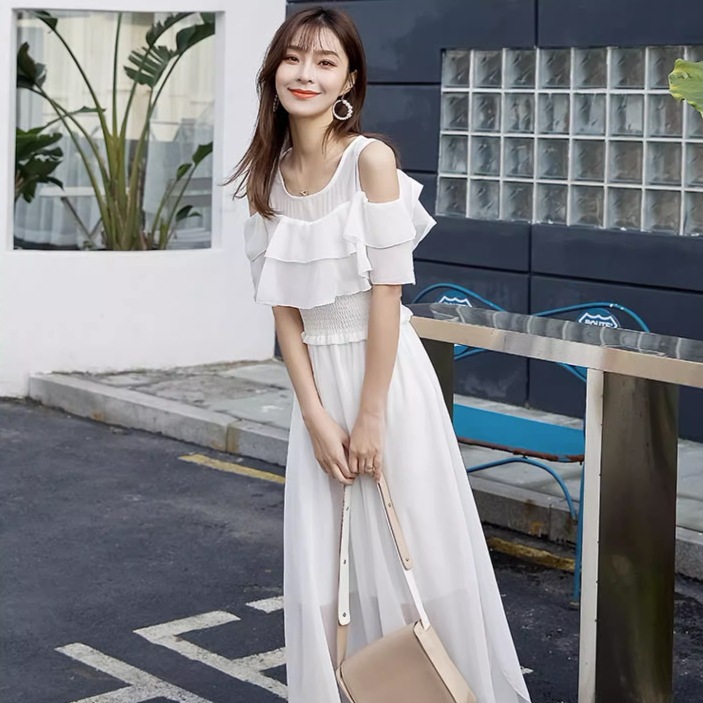 ワンピース ロング丈 袖あり 半袖 オフショルダー 襟なし Aライン シフォン フリル ハイウエスト 透け感 かわいい 大人可愛い きれいめ シンプル 上品 おしゃれ アジアン エスニック ラフ