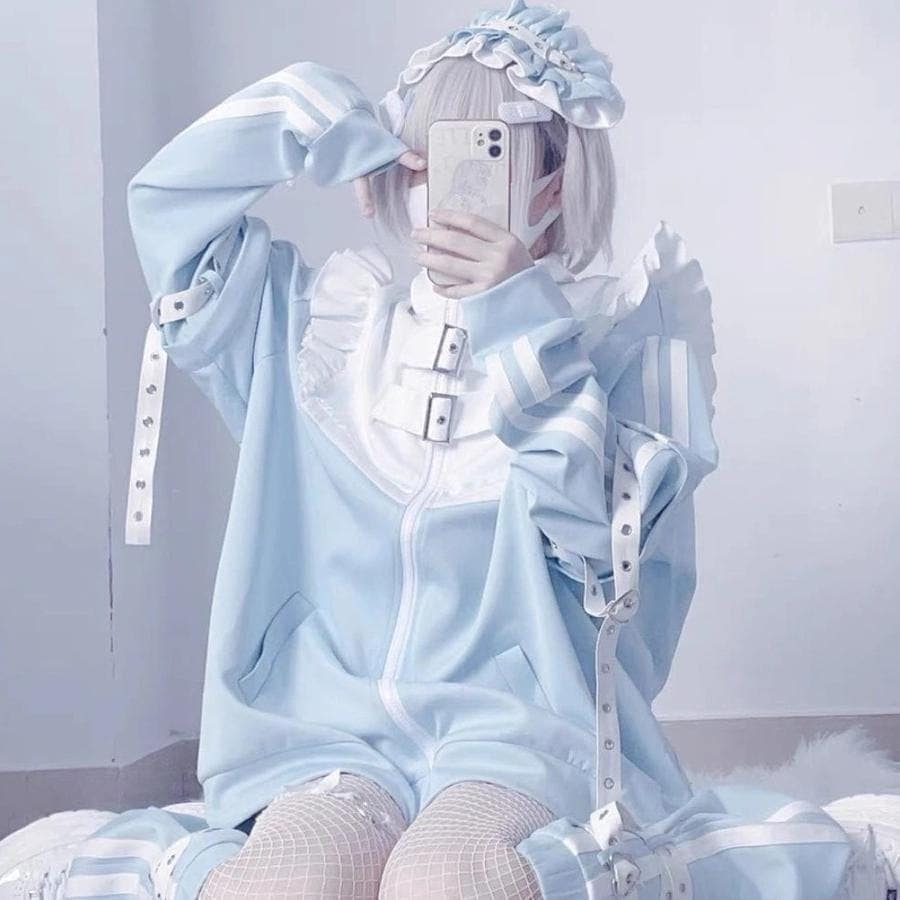 ロリータ 地雷系 スウェットセット 上下セット トップス＋ショートパンツ 水色 セットアップ30%までに制限