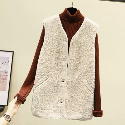 あったか トップス ベスト ノースリーブ Vネック ボタン もこもこ モコモコ 厚手 きれいめ シンプル カジュアル おしゃれ お洒落 アジアン 女子 ラフ 無地 秋 冬 10代 20代