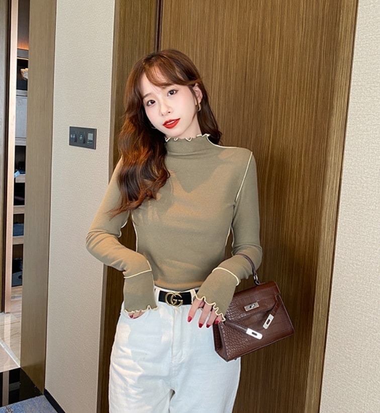 トップス デート モテアイテム ニットソー 長袖 タートルネック フリル 薄手 可愛い きれいめ 上品 おしゃれ かっこいい 可愛い ラブリー キュート ガーリー クール モード系 セクシー