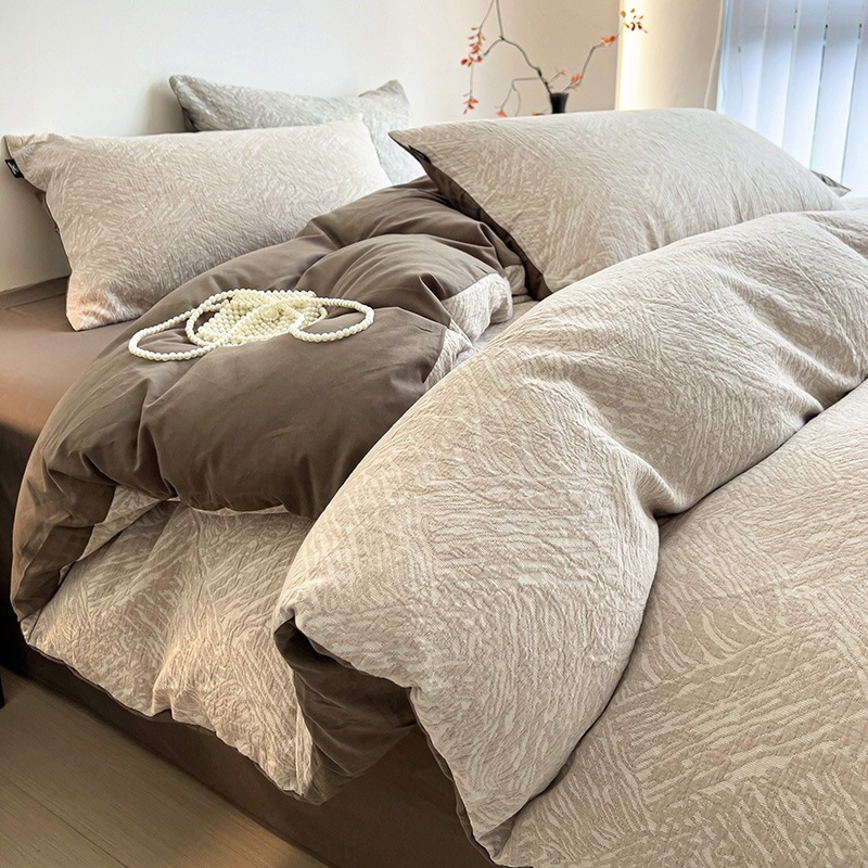 厚手綿ベッド用4点セット 厚手純綿ジャガードベッドシーツ掛け布団カバー3点ボックスシーツセット4