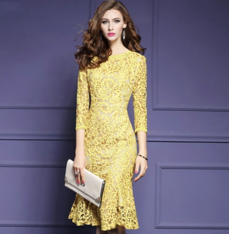 ワンピース ワンピドレス 膝下 ミディアム丈 ミドル丈 袖あり 5分袖 五分袖 7分袖 七分袖 ラウンドネック スリム タイト 細身 レース 刺繍 ハイウエスト 透け感 シースルー かわいい 綺麗め