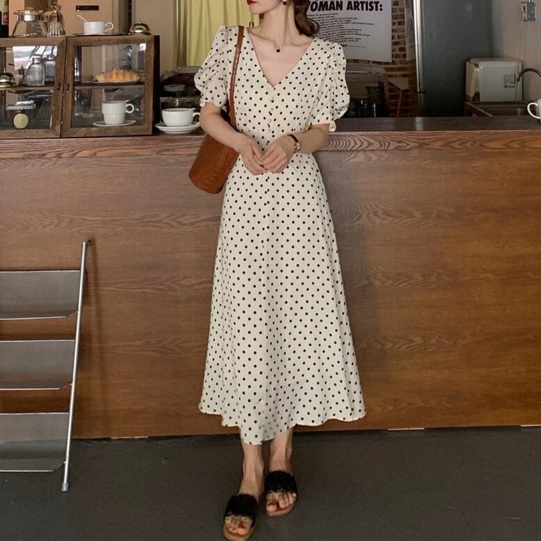 2color ワンピース Vネック パフスリーブ フレア ワンピース ドット柄 シフォン ワンピース