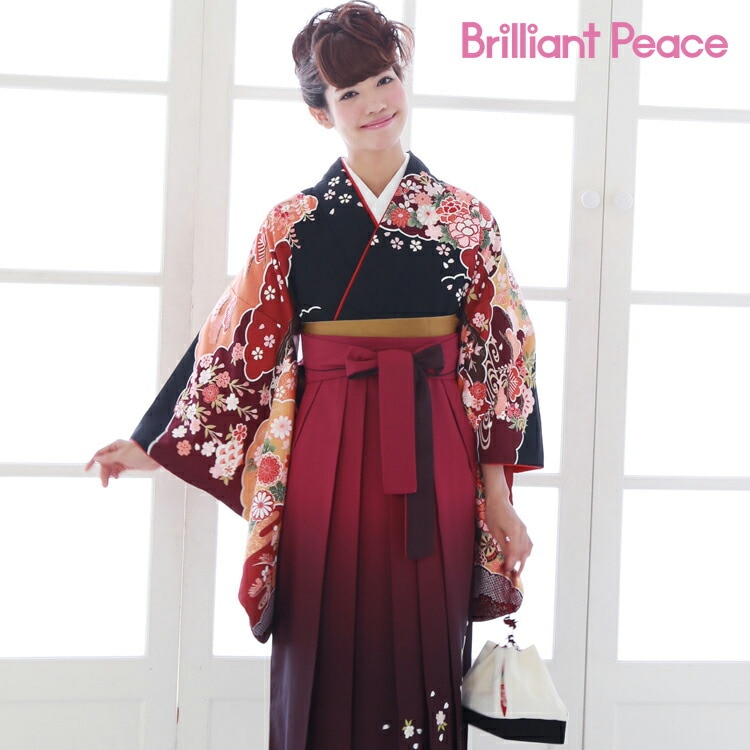 レンタル卒業式 袴 レンタル 女 袴セット 女 ブリリアントピースオリジナル BP 卒業式袴セット2尺袖着物＆袴 フルセットレンタル 安い 黒地に雲取り古典 赤 えんじ 桜 菊 花車 レトロハ