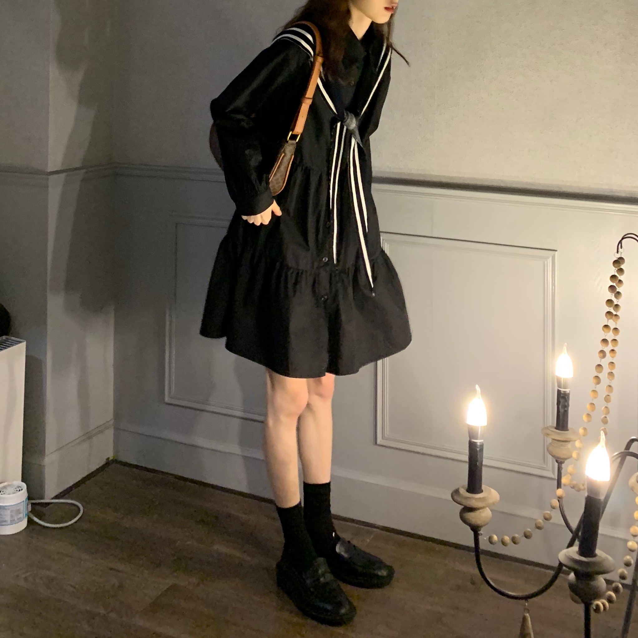 ワンピース フレアワンピース ティアードワンピース ひざ丈 膝上 長袖 萌袖 襟付き ワイド Aライン 前開き 2点セット かわいい 大人可愛い シンプル カジュアル おしゃれ お洒落 キュート