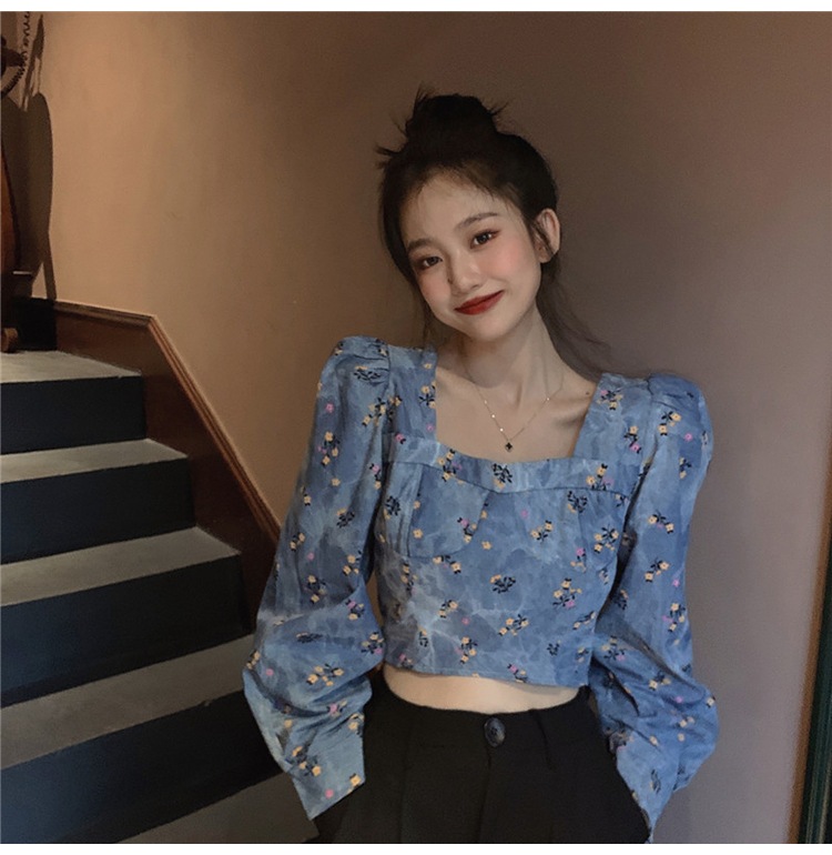 【送料無料】レディース デニムシャツ パフスリーブ フラワー 花 スクエアネック 長袖