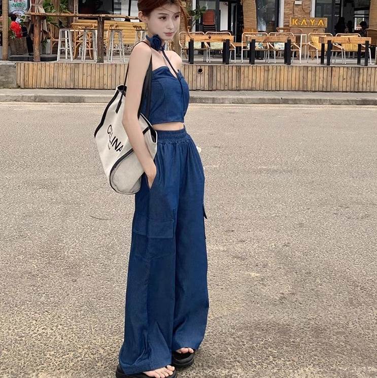 上下セット 2点セット トップス パンツ ボトムス デニム ロングパンツ フルレングス 袖なし ノースリーブ オフショルダー ワイド ストレート フェミニン ハイウエスト ポケット ブルーデニム かわ