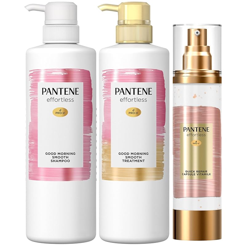 パンテーンエフォートレス シャンプー ・ トリートメント ・ 洗い流さないトリートメント (480mL+480g+90g) グッドモーニングスムース カプセルヴィタミルク 【セット買い】