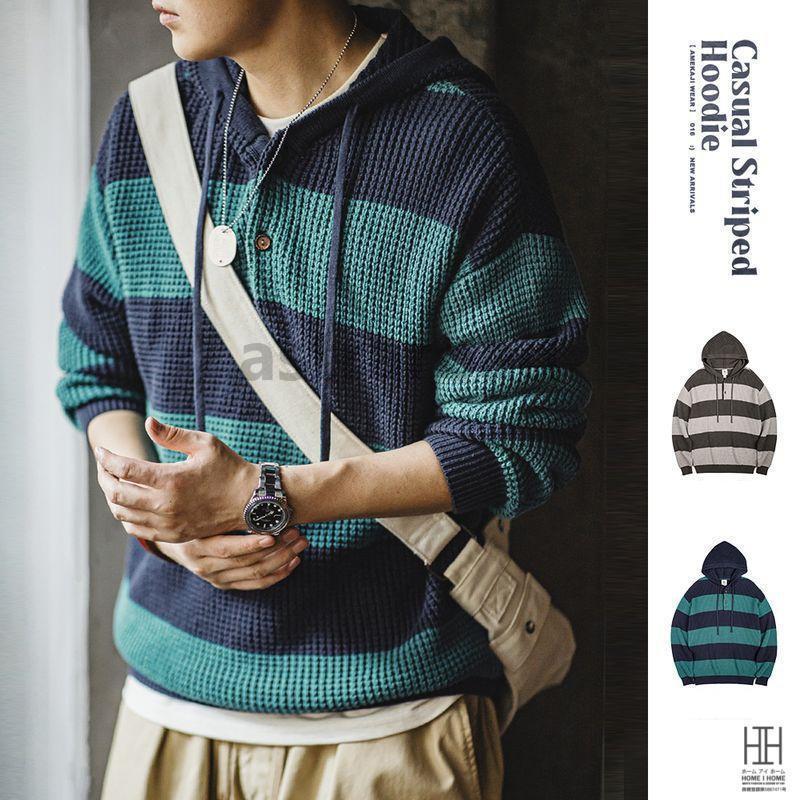 新商品 プルオーバーパーカー ニットパーカー メンズ 長袖 おしゃれ フード付き 大きいサイズ ボーダー柄 畦編み あぜ編み セーター フーディー メンズパーカープルオーバーパーカー ニットパーカー