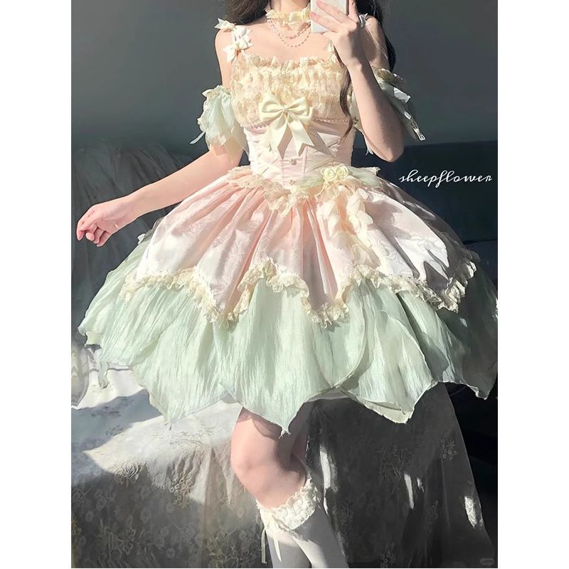 【2枚購入で 3oo円OFF！】緑とピンクの妖精のようなクラ・ロリータスカート春と夏エレガントなロータスリーフフラワープリンセススカートロリータスモールスカー