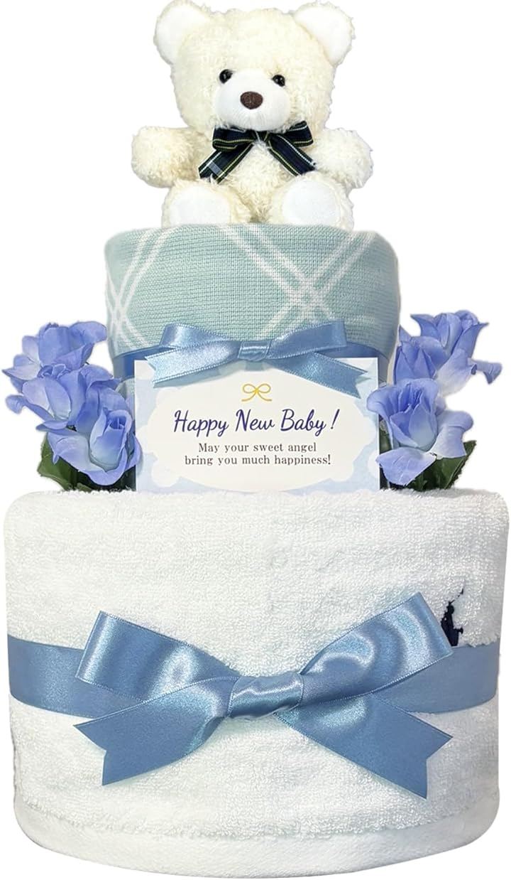 おむつケーキ 男の子 出産祝い 赤ちゃん 誕生日 ベビーシャワー ギフト rln3012 (ブルー, 2段 Sサイズ)
