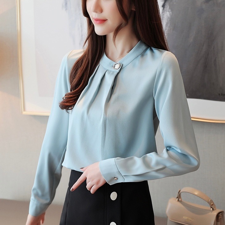 トップス シャツ 袖あり 長袖 スタンドカラー スリム 細身 シフォン プルオーバー 薄手 かわいい 大人可愛い きれいめ シンプル カジュアル 大人 上品 おしゃれ お洒落 かっこいい レトロ