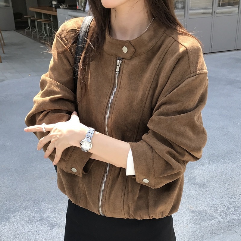 【人気商品超目玉】【3日出荷】スエードショートスタンドカラーアウター ゆるロングスリーブモーターサイクルジャケット 3 カラー フェイクファー