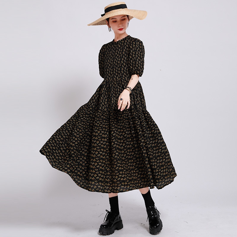 一枚で決まるマキシ丈ワンピ ライトイェロー花柄ビッグサイズワンピースさらっとリネンワンピ膝丈