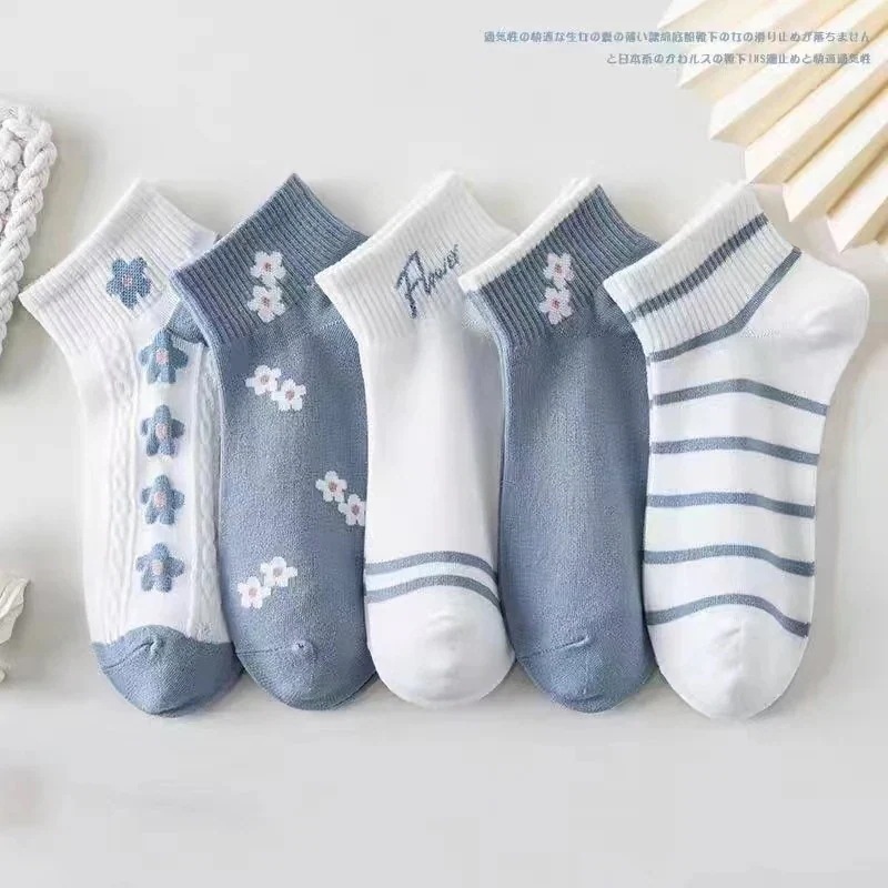 （NEW)女性用春夏ソックス薄手で多用途通気性に優れたブルーの小さなフレッシュボートソックス甘くてかわいい森ガールフラワーソックス