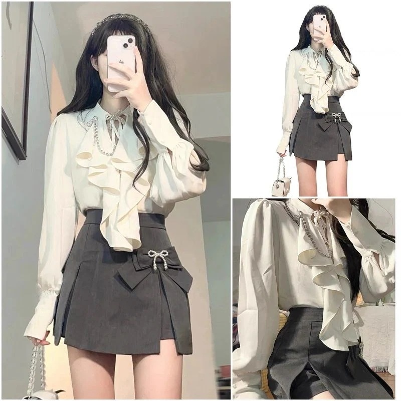 早春の上品で高級感のあるデザイン感小人数シャツ半身スカート2枚セット女優しい雰囲気のデート 4,858円