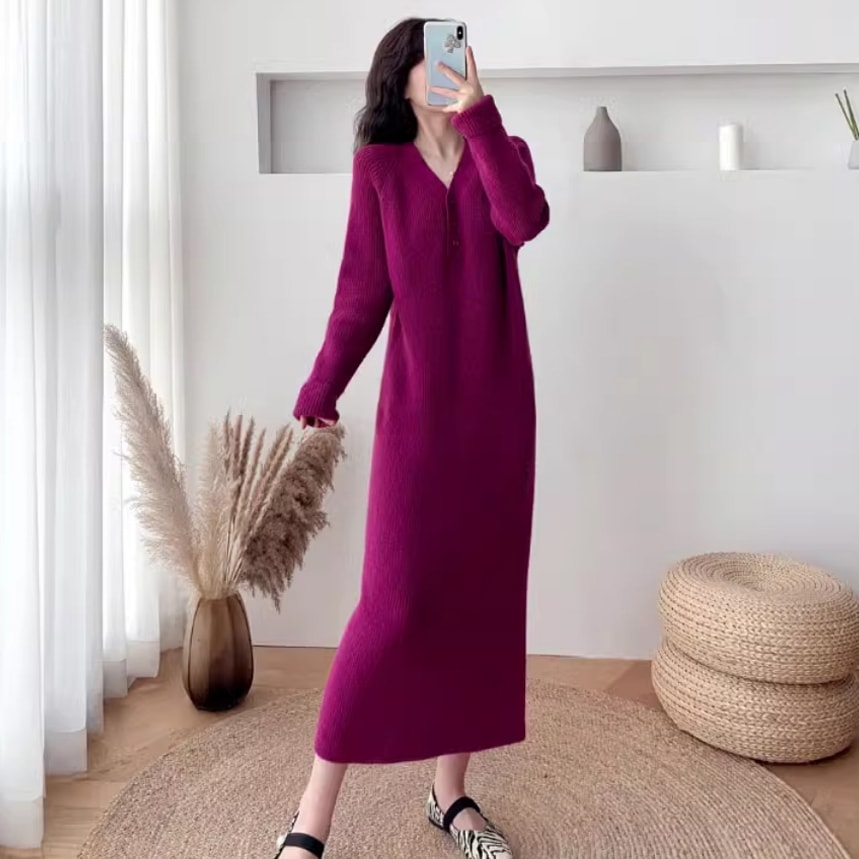 長袖 Vネック ニットワンピース 4色 レディース ロング きれいめ シンプル おしゃれ エレガント 無地 秋 冬 デート お出かけ ショッピング S M L XL ブラック ベージュ レッド ローズ