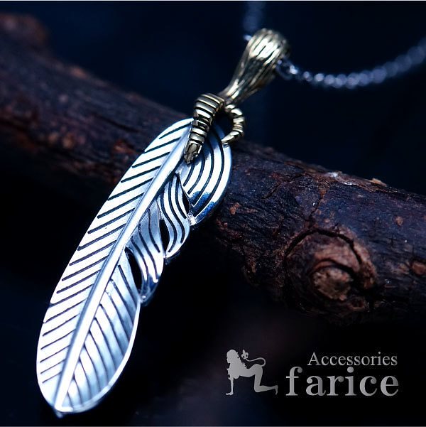 フェザー(羽)リバーシブルデザイン イーグルクロー(鷲の爪)立体装飾 イエローゴールドバイカラー メンズ&レディース インディアンジュエリー シルバー925 ペンダント ネックレス