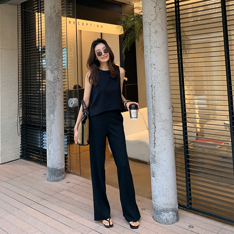 夏の光と薄いスタイルの女性のための長いxierカジュアルパンツ怠zyなスタイル暗い黒い垂れ下がったワイドスーツハイウエストパンツ