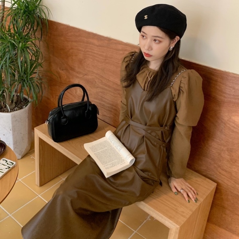 レディース セットアップ パフスリーブ ブラウス + レザー クロスストラップ ワンピース バックリボン 長袖 大人可愛い ママコーデ ママファッション 韓国系 オルチャン 人気 トレンド 新作 20