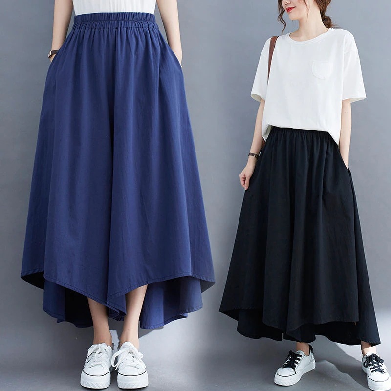 2点セット ハイウエストワイドパンツスカート女性服ゆったりカジュアルパンツ痩せ見え不規則薄手九分パンツ