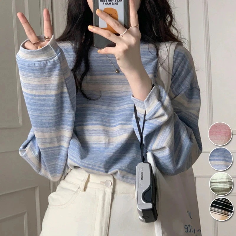 大人気！ 長袖 レディース オーバー 長袖トップス 長袖 レディース トップス ストライプ Tシャツ ロンt韓国 長袖tシャツレディース ロングTシャツ