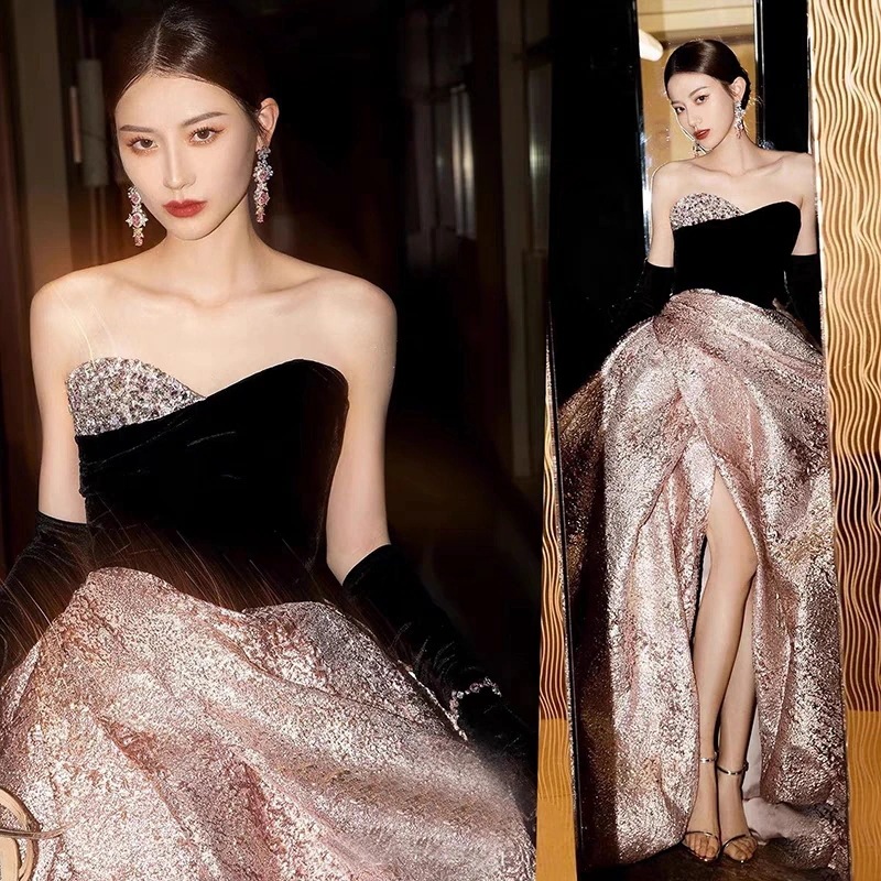高級デザインのイブニングドレス ビロードとダイヤモンドの きらびやかなデザイン カラードレス ロング 演奏会 二次会 結婚式 パーティードレス 花嫁 ウェディングドレ