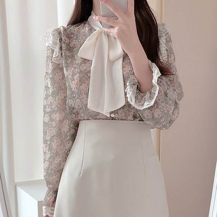 トップス レディース ブラウス 個性的 長袖 リボン タイ レース 花柄 黒 緑 S M L XL 春30%までに制限