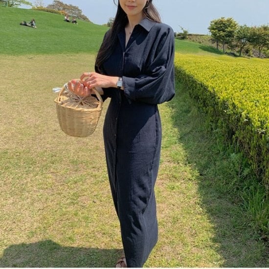 【取寄：納期2週間】シャツワンピース 長袖 レディース 韓国 ファッション ロングワンピース リネンワンピース ロング ロングシャツ 黒 ブラック ベーシック ウエストシェイプ 大人カジュアル 麻