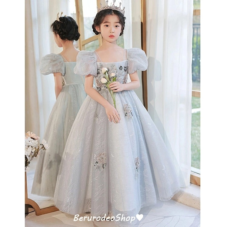 子供ドレス ピアノ発表会ドレス ロング グレー 花柄 スパンコール キラキラ キレイめ ドレス 女児ドレス ロングドレス 演奏会ドレス パフスリーブ フォーマル 女の子ドレス キッズドレス 100~1