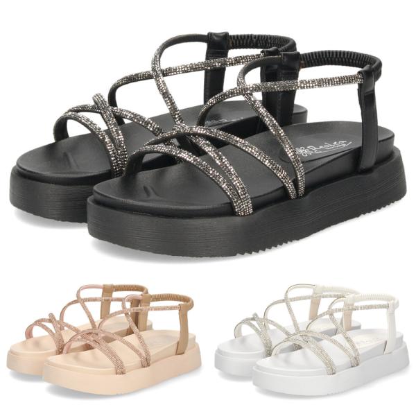 サンダル レディース 厚底 軽量 疲れない 歩きやすい おしゃれ フラット ストラップサンダル コードストラップサンダル ラインストーン Realta レアルタ 6320