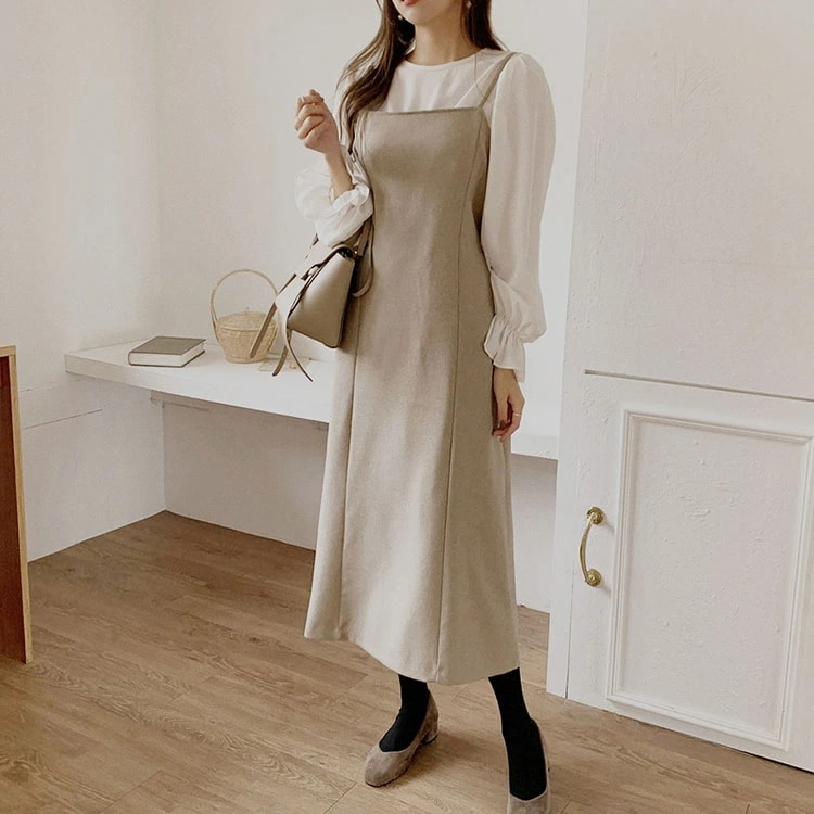 ワンピース セットアップ レディース 韓国 キャミワンピ ブラウス フリル 長袖 ミモレ丈 セット スクエアネック シンプル ロング フェミニン