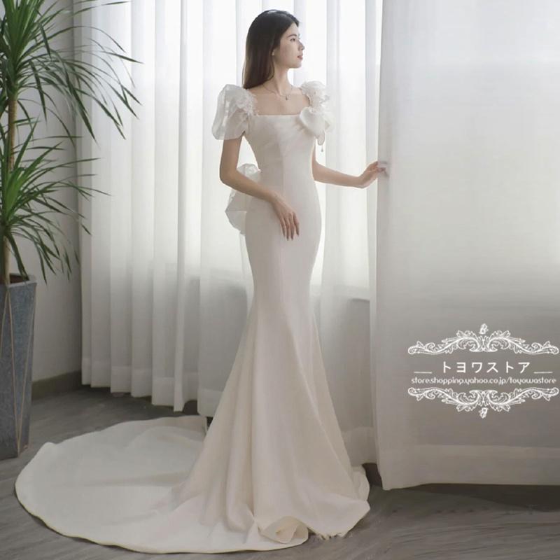 ウエディングドレス マーメイドライン ウエディングドレス 白 ウエディングドレス 韓国 安い 結婚式 花嫁 二次会 前撮り トレーンドレス