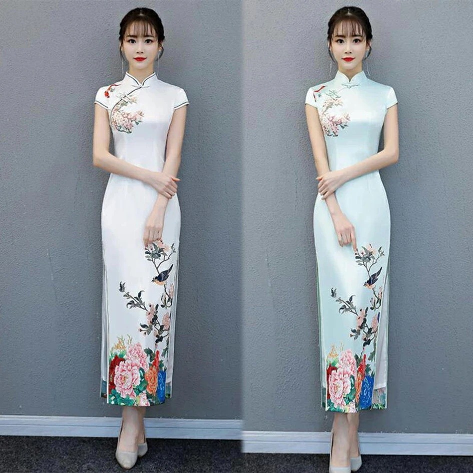 牡丹 花柄 華流ドレス チャイナボタン 半袖チャイナドレス ロング丈チャイナドレス レディースワンピース スリット ダンス衣装 中華古典風 細見え 撮影 二次会 演奏会 ハロウィンパーティー 舞台衣装