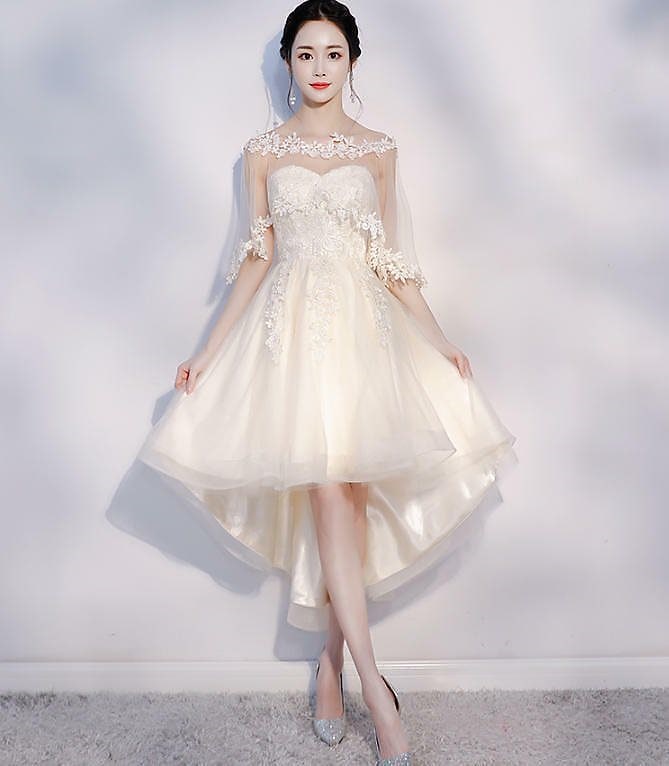 韓国 ファッション パーティードレス フィッシュテール ストラップレス ケープ 袖あり 透け感 レー